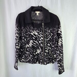 Chico's Sweater Jacket Size 1 Black Animal Print Full Side Zip Pockets Ombre